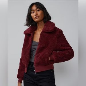 NWT New York & Company Cozy Faux-Fur Bomber Jacket, Syrah Red, Large